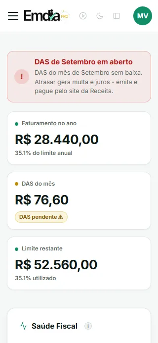 Painel do MEI no celular: faturamento do ano, DAS do mês já pago, limite restante dos R$ 81 mil e a saúde fiscal em 80 pontos de 100.