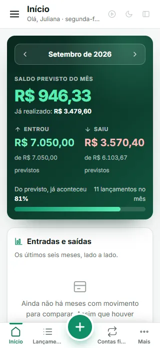 Painel do EmDiaPro Pessoal no celular: quanto entrou, quanto saiu e quanto sobra no mês, com as próximas contas a vencer.